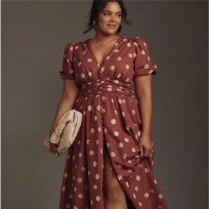 Anthropologie The Katerina Brown Cream Button-Front Detail Polka Dot Dress 3X